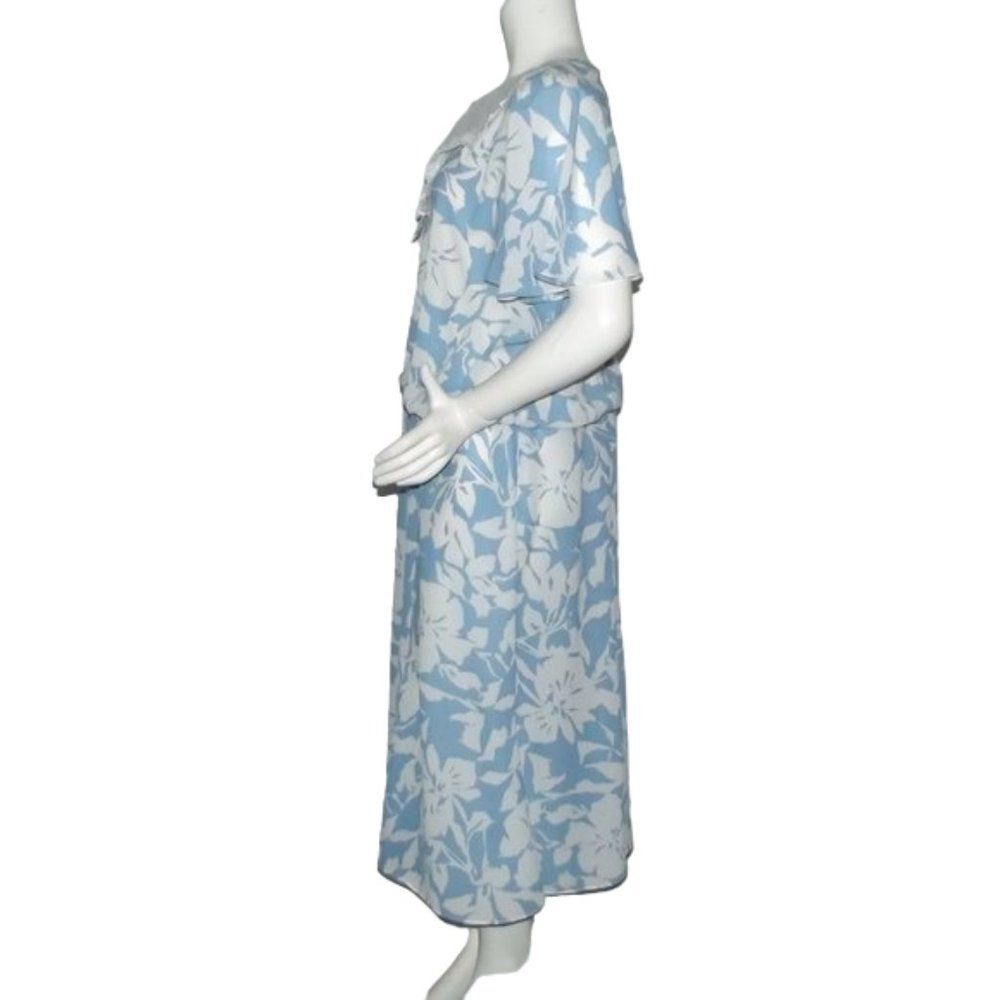 DIANE von FURSTENBERG Dress, XL, Blue/White Floral, VINTAGE, White Lace Bib - Picture 12 of 13